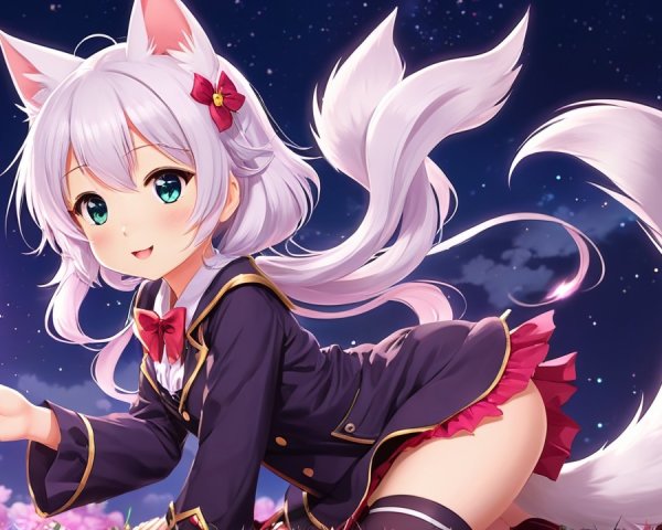 Whimsical anime character in a moonlit garden