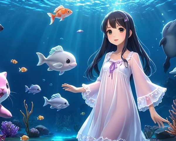 Underwater Scene with Girl and Marine Life