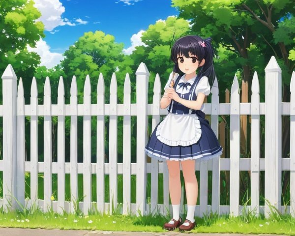 Cheerful girl by white picket fence in vibrant setting