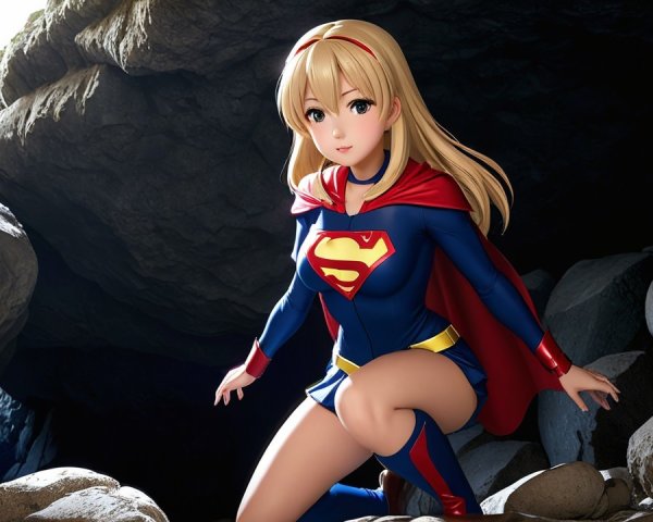 Young female superhero in blue and red costume in cave