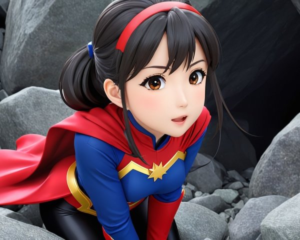 Young Female Superhero in Vibrant Costume Among Rocks