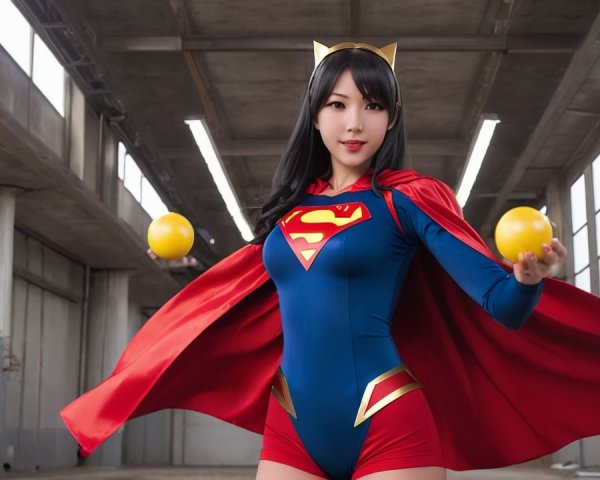 Young Woman in Superhero Costume with Industrial Background