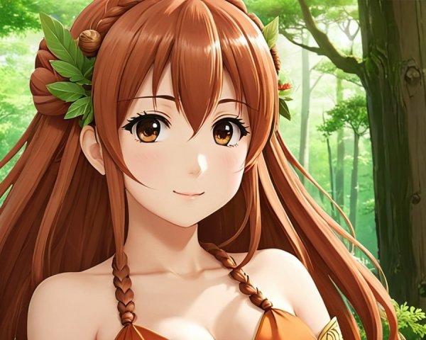 Young woman in orange outfit in a lush forest