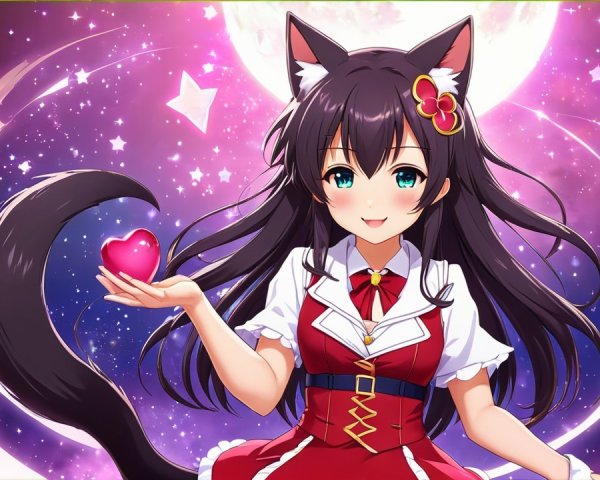 Anime girl with cat ears in a mystical night sky