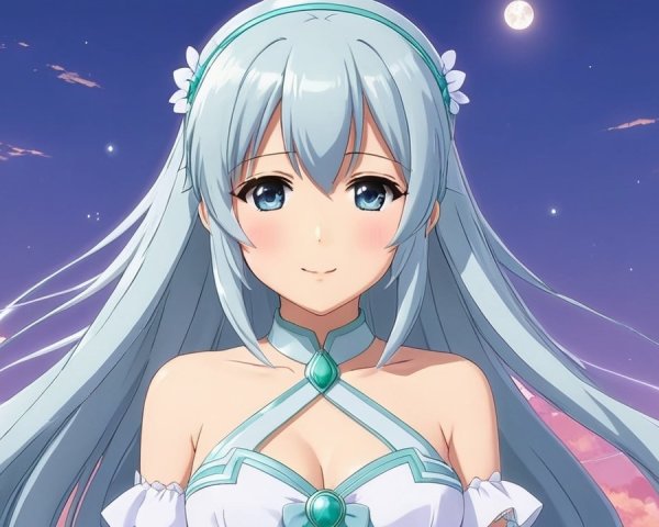 Serene Anime Character with Light Blue Hair and Moonlit Sky