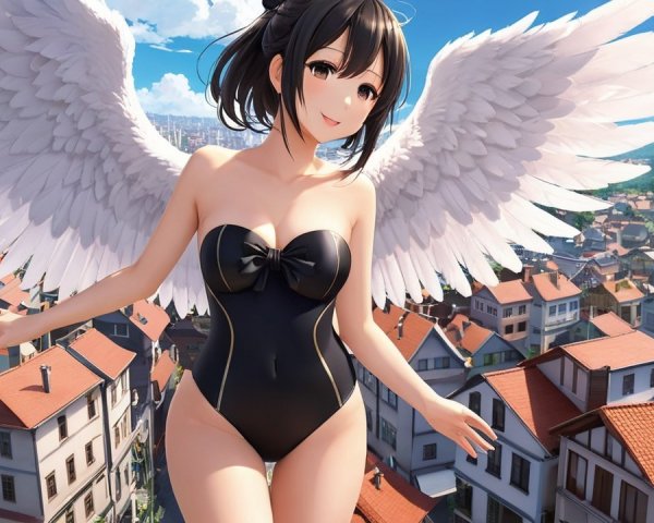 Character with White Wings Over a Picturesque Town