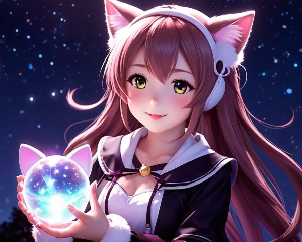 Anime girl with cat ears and glowing orb at night