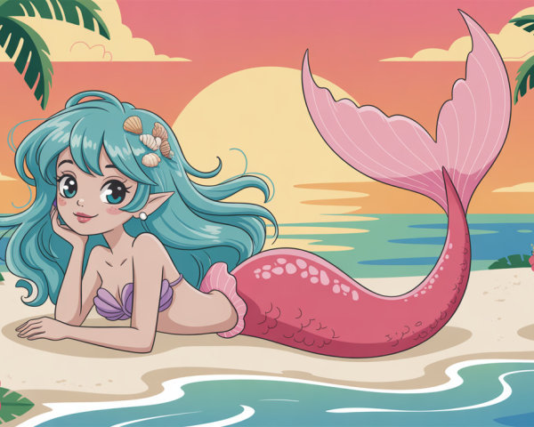 Mermaid Illustration on Tropical Beach at Sunset