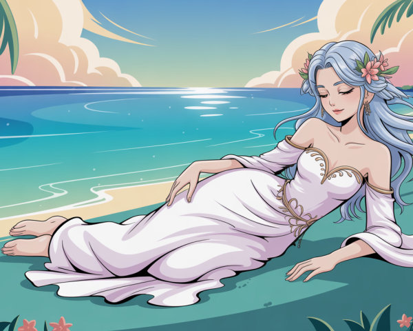 Anime Illustration of a Woman by the Ocean Shoreline