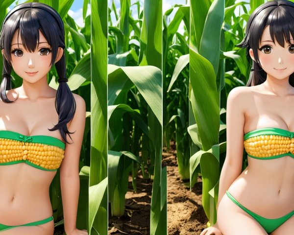 Stylized Character in Cornfield with Corn Cob