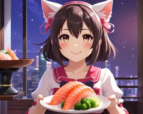 Cheerful anime girl with sushi in a cozy setting