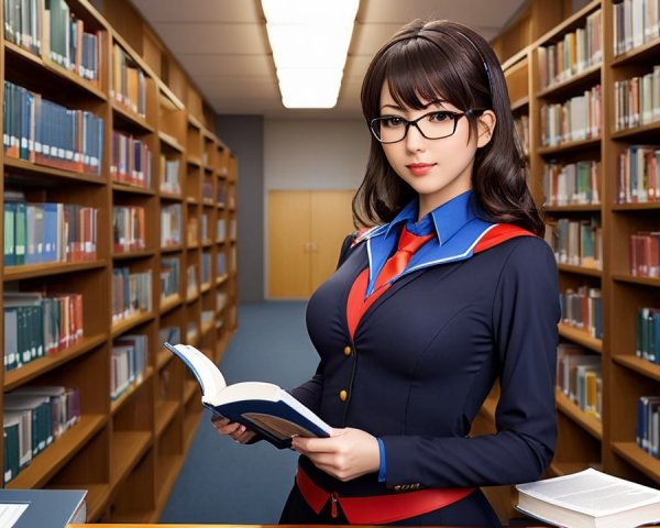 Young Woman in Library with Books and Stylish Outfit