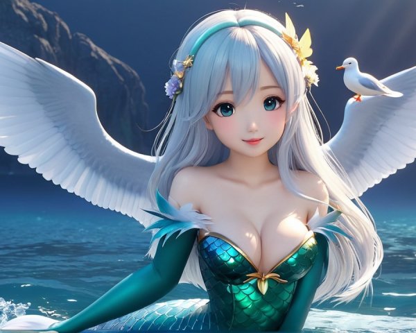 Whimsical Mermaid with Silver Hair in Shimmering Waters