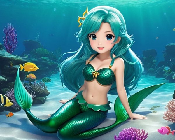 Vibrant Underwater Scene with a Cute Mermaid