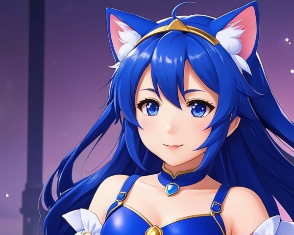 Vibrant anime character with blue hair and cat ears