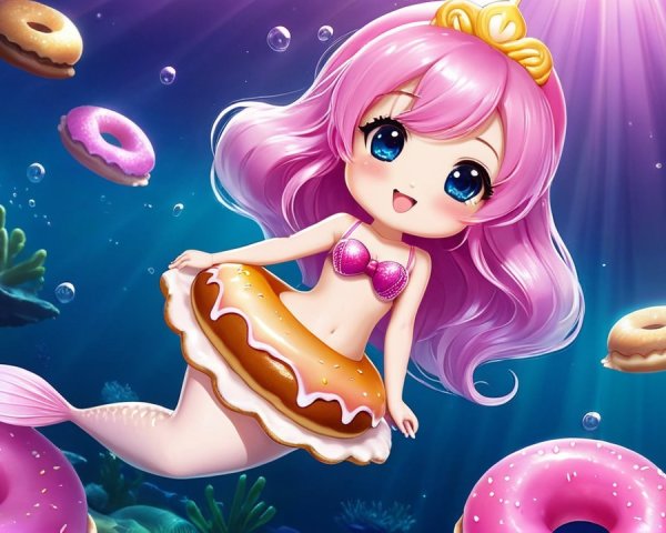 Chibi-style mermaid in vibrant underwater scene