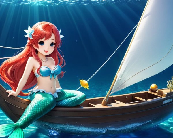 Mermaid with Red Hair on a Boat in Blue Waters