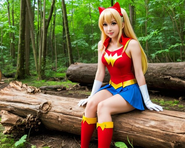 Superhero Character in Vibrant Costume in Forest Setting