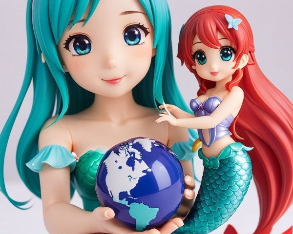 Colorful Mermaid Figurines with Earth Globe Display