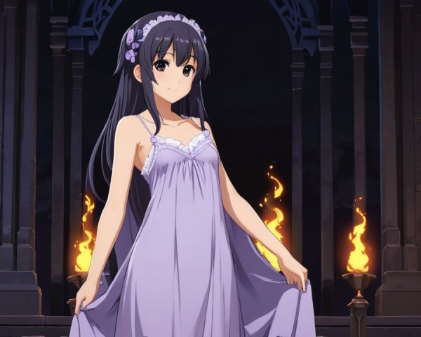 Young girl in purple nightgown in dark mystical setting
