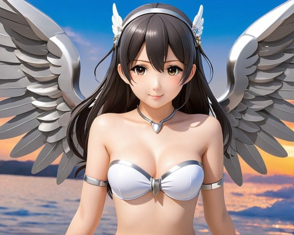 Stylized female character with silver wings at sunset
