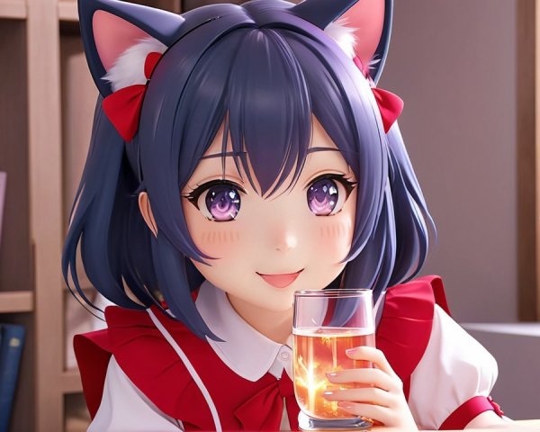 Cheerful anime character in cozy room setting