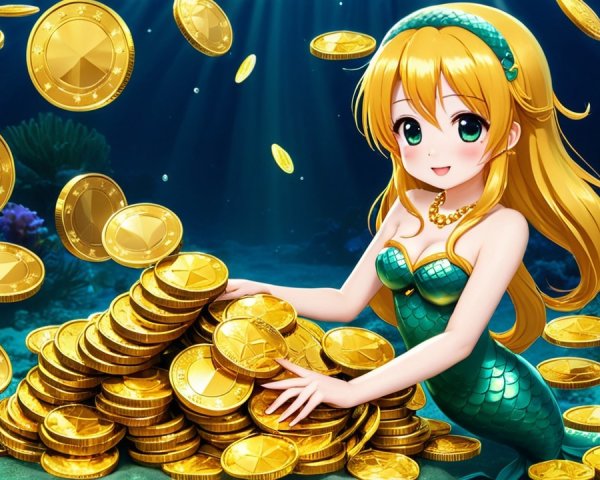 Cheerful Mermaid Surrounded by Golden Coins and Light
