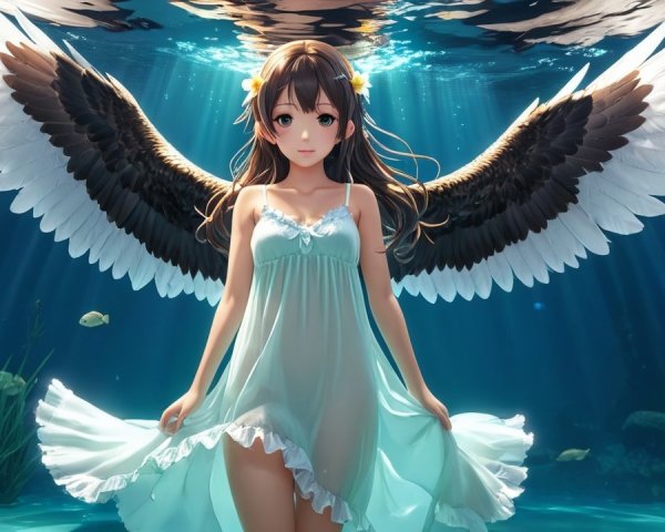Underwater Scene with Woman and Ethereal Wings