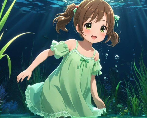Young girl swimming underwater in a serene blue scene