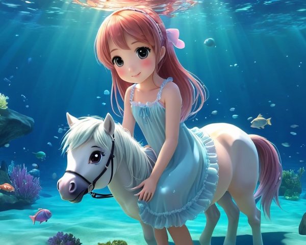 Young girl with pink hair riding horse underwater