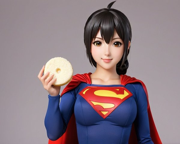 Stylized superheroine in blue costume with red cape