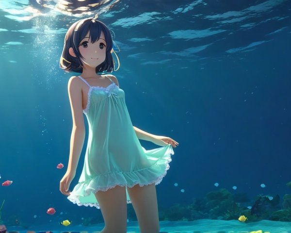 Underwater Scene of a Young Character in Green Dress