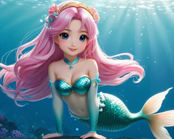 Animated mermaid with pink hair in vibrant underwater scene