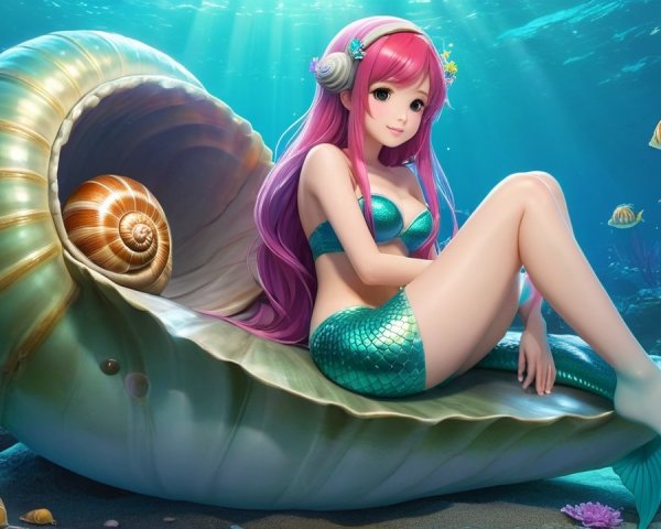 Mermaid in Seashell Surrounded by Colorful Fish