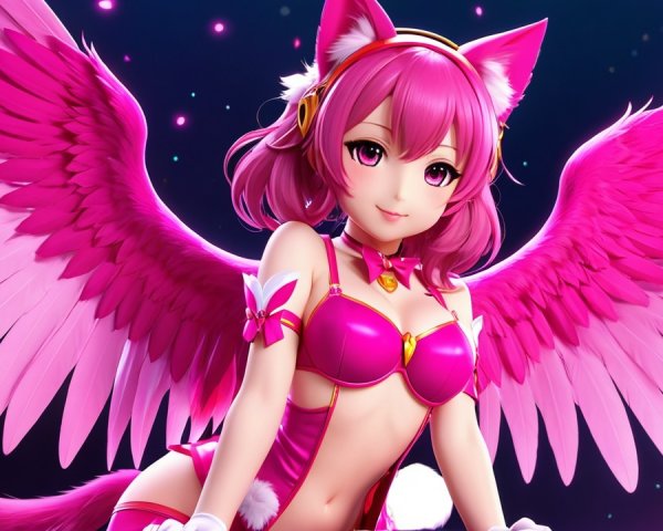 Vibrant anime character with pink hair and wings