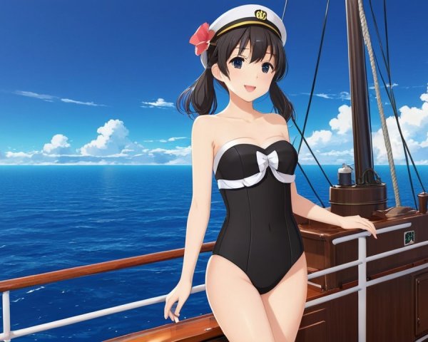 Cheerful anime girl in stylish swimsuit on ship deck