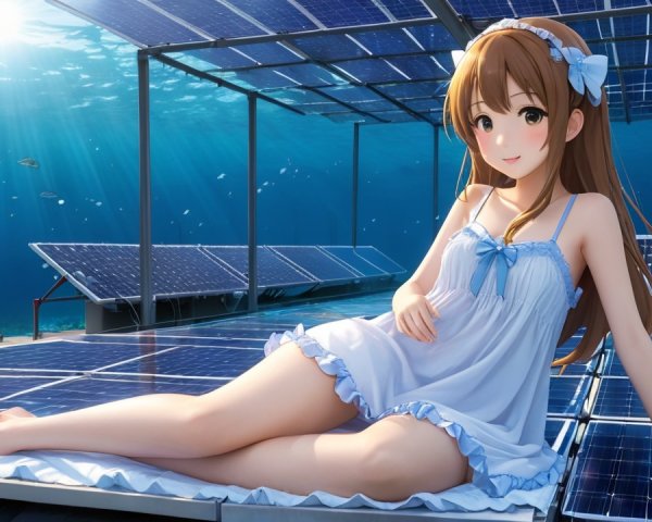 Young girl on solar panel in serene underwater scene
