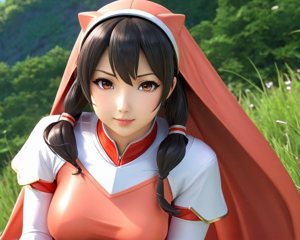 Young woman in vibrant outfit in green landscape