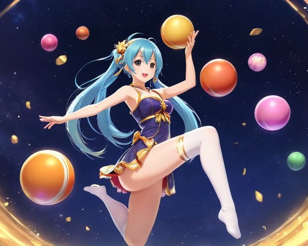 Energetic Anime Character Juggling Colorful Spheres