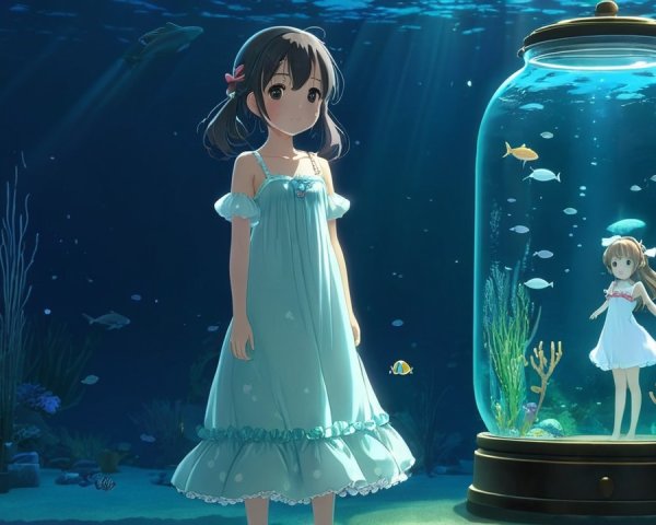 Underwater Scene with Girl and Miniature Self