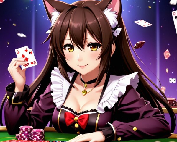 Anime Character with Cat Ears at Poker Table