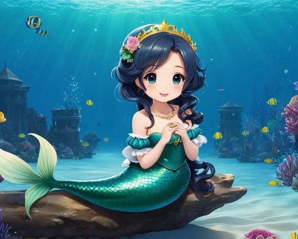 Animated mermaid on a rock in a vibrant ocean scene