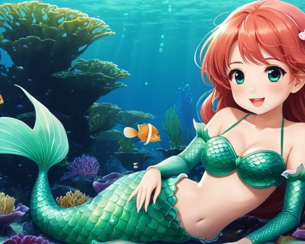 Vibrant Underwater Scene with Cheerful Mermaid
