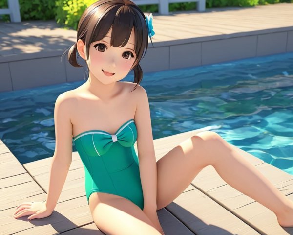 Cheerful Animated Character by Pool in Teal Swimsuit
