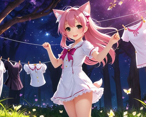 Cheerful anime character in a moonlit forest setting