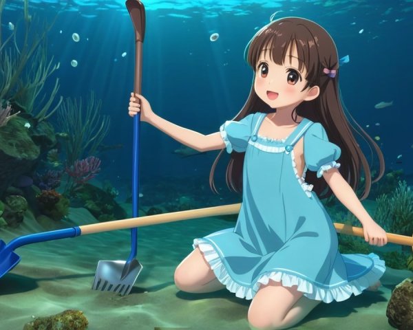 Cheerful anime girl exploring vibrant underwater scene