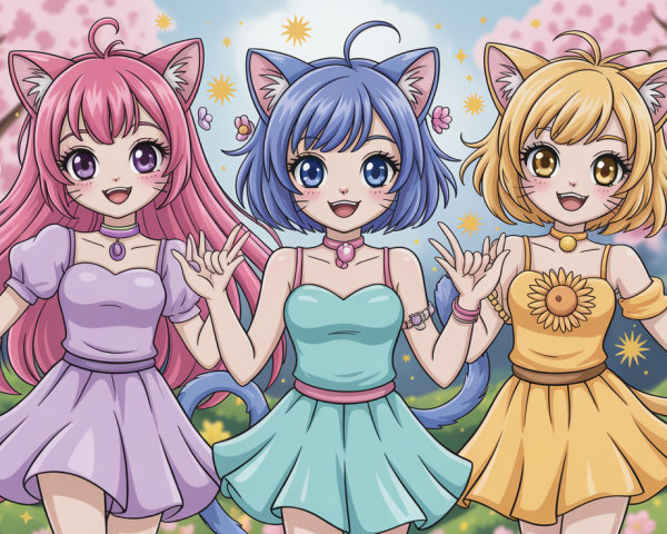 Anime Cat Girls in a Whimsical Spring Forest Scene