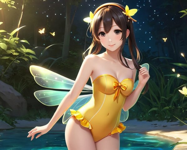 Whimsical figure with fairy wings by a moonlit stream