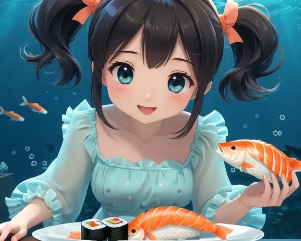 Cheerful anime girl in blue dress with sushi underwater