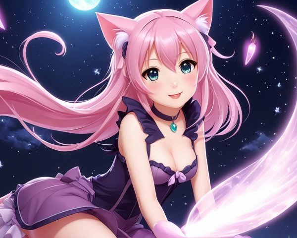 Whimsical Anime Character Against Magical Night Sky